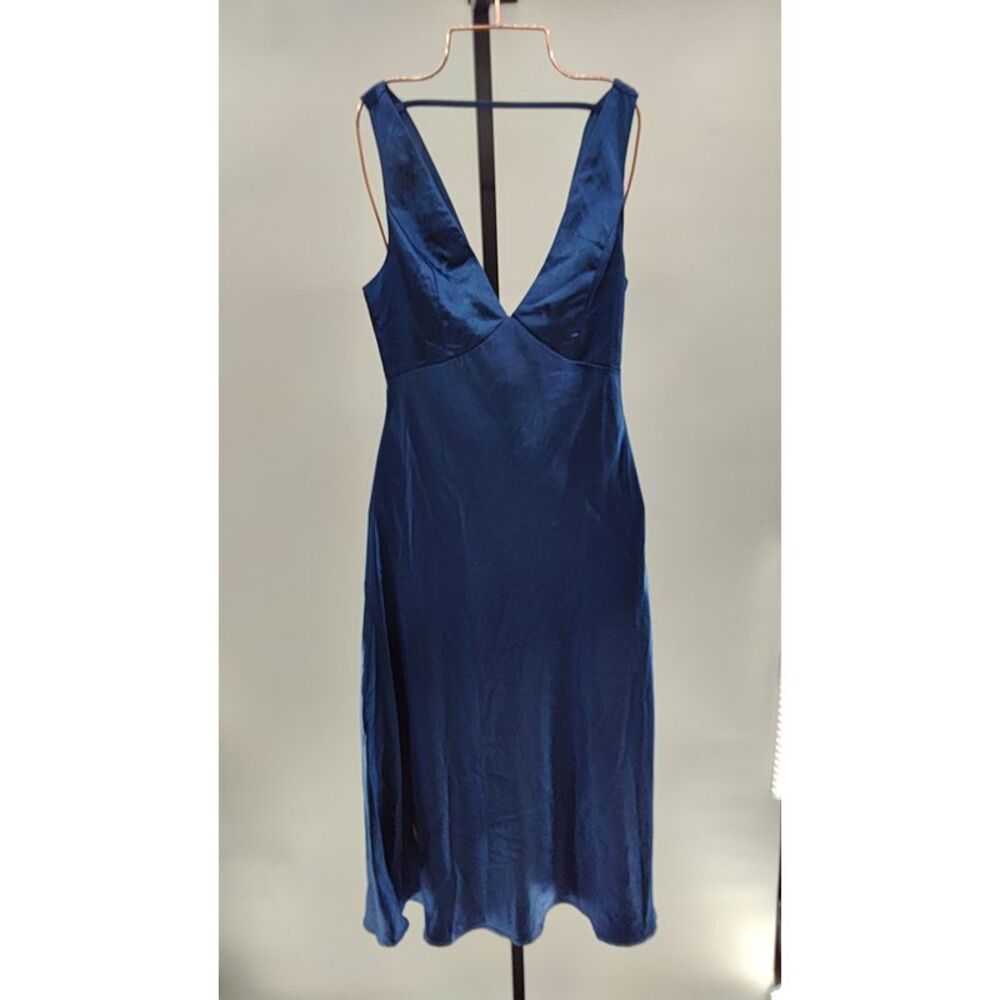 Lulu's Deep Blue Satin V-Neck Midi Dress